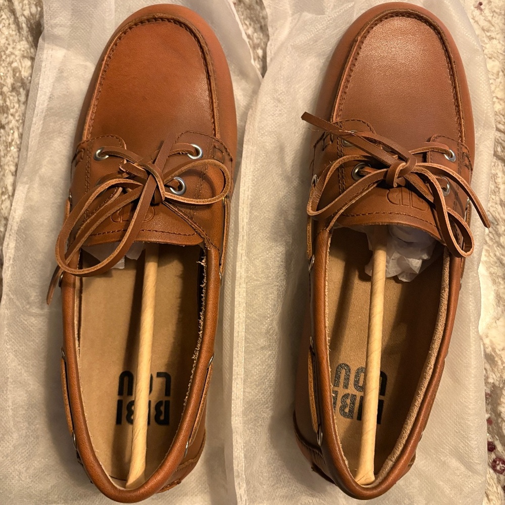 Women’s Cognac Leather Boat Loafers with Lace Detail